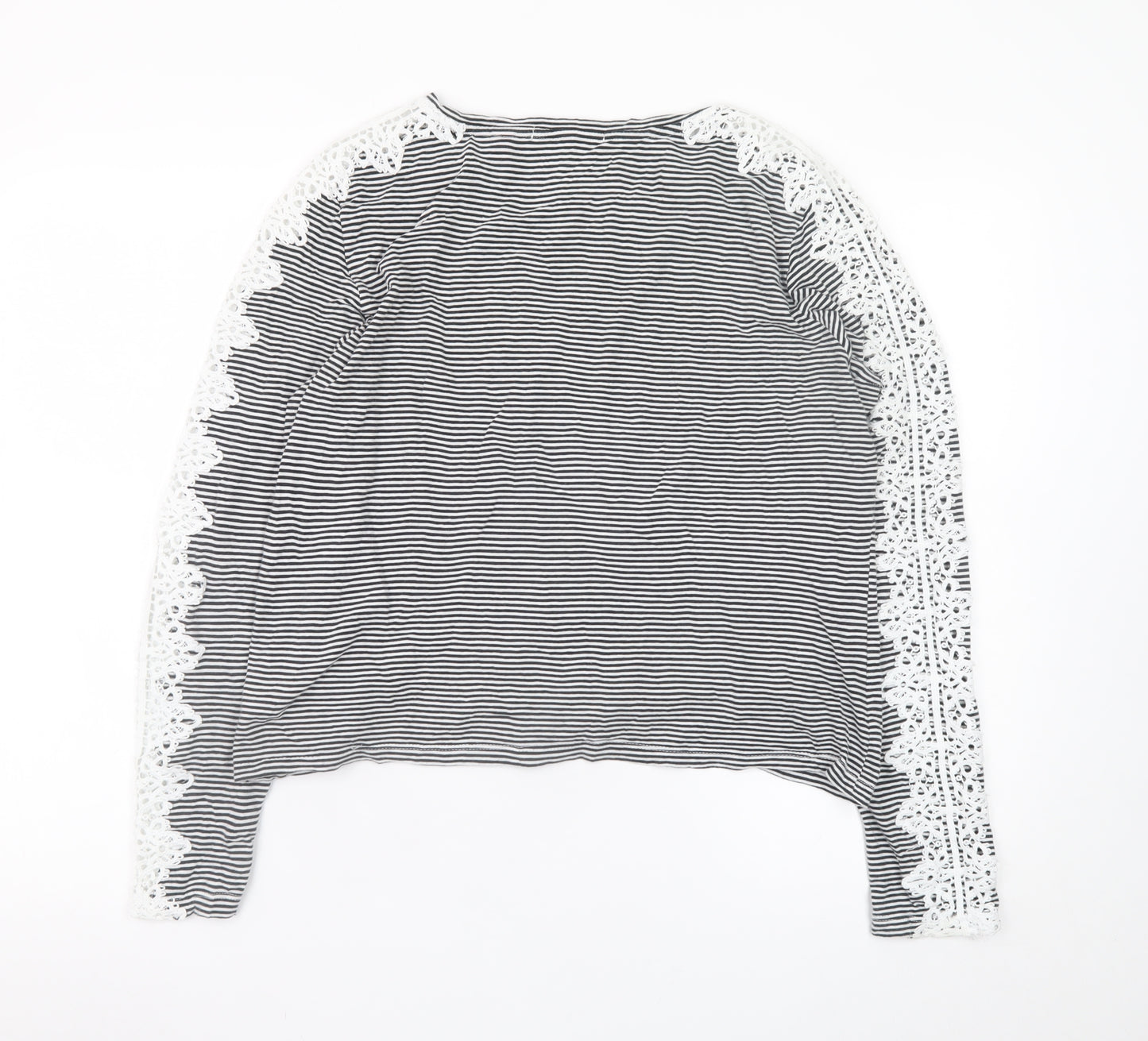 Superdry Womens Black Striped Lace Long Sleeve Cotton T-Shirt Size 14