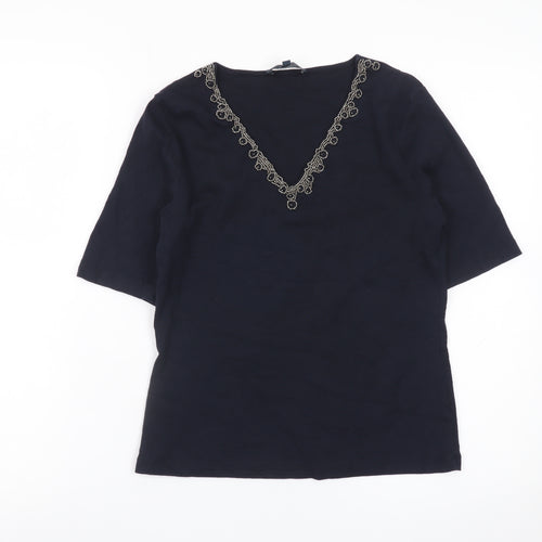 Viyella Women's Navy Beaded V-Neck Cotton Top Size S