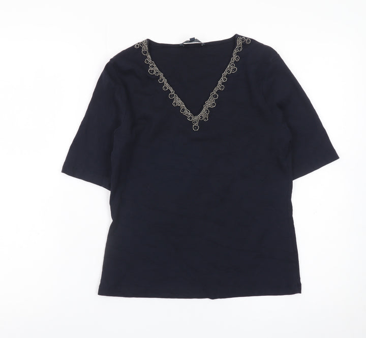 Viyella Women's Navy Beaded V-Neck Cotton Top Size S