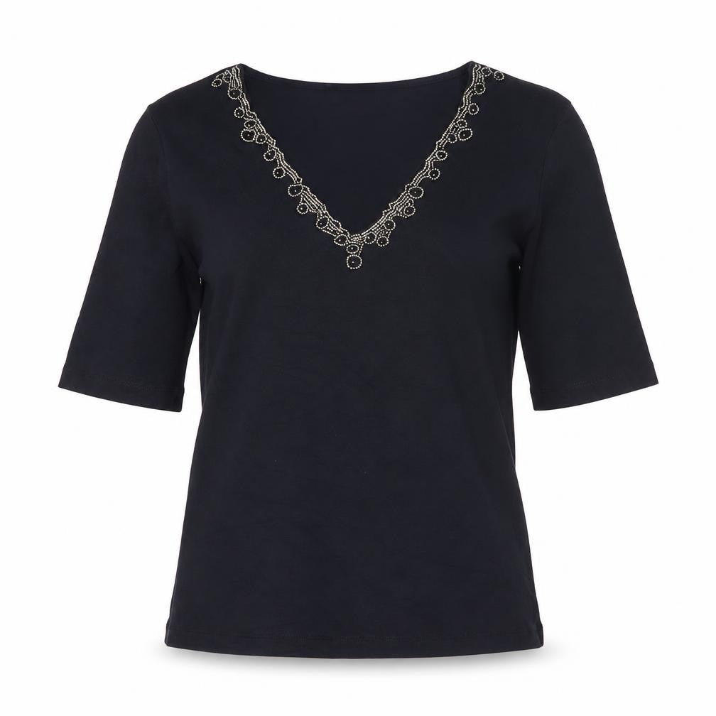 Front view of Viyella Women's Navy Beaded V-Neck Cotton Top, size S