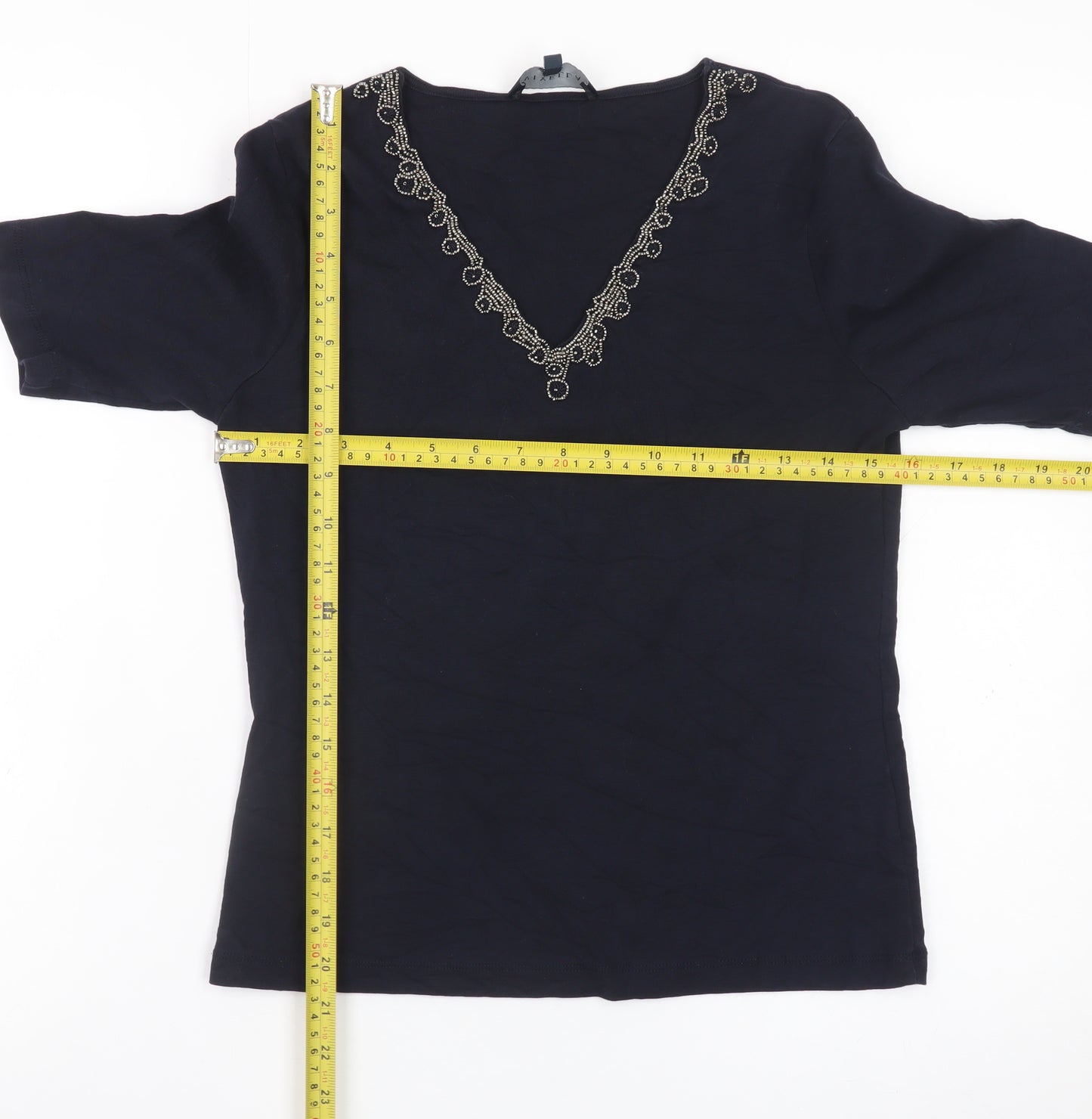 Viyella Women's Navy Beaded V-Neck Cotton Top Size S