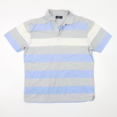 Marks and Spencer Men's Blue Grey Striped Cotton Polo Shirt Medium