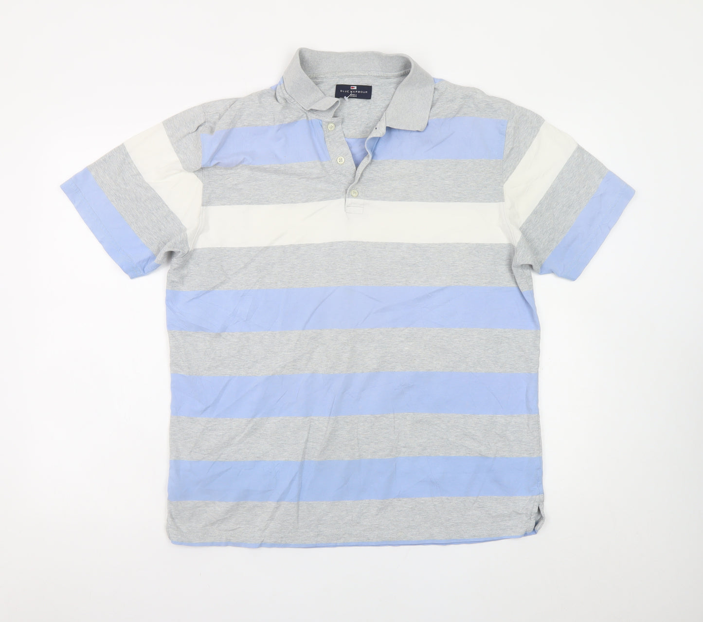 Marks and Spencer Men's Blue Grey Striped Cotton Polo Shirt Medium