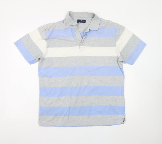 Marks and Spencer Men's Blue Grey Striped Cotton Polo Shirt Medium