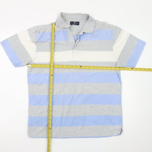 Marks and Spencer Men's Blue Grey Striped Cotton Polo Shirt Medium