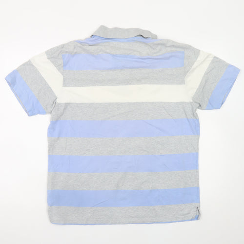 Marks and Spencer Men's Blue Grey Striped Cotton Polo Shirt Medium