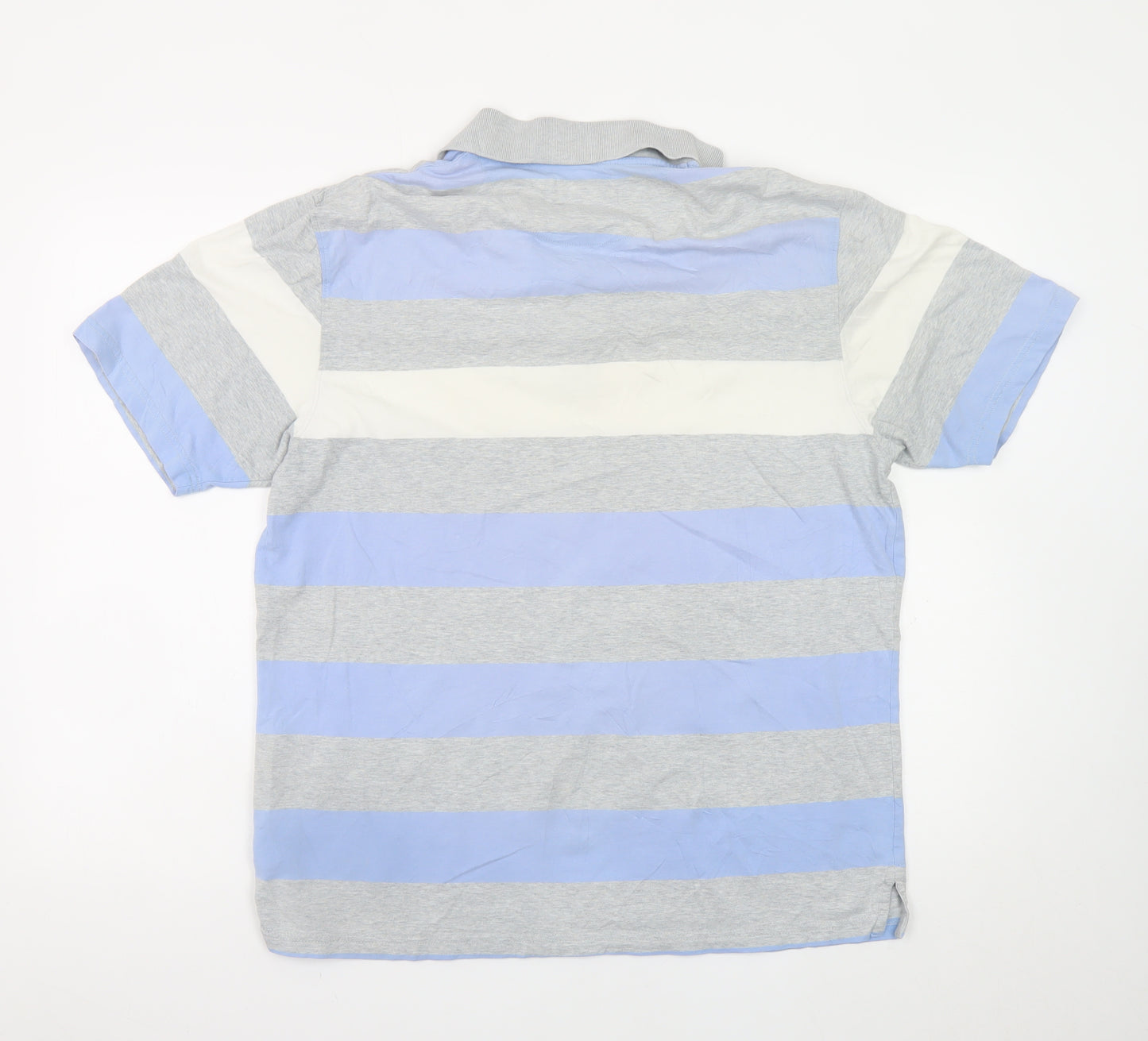 Marks and Spencer Men's Blue Grey Striped Cotton Polo Shirt Medium