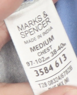 Marks and Spencer Men's Blue Grey Striped Cotton Polo Shirt Medium