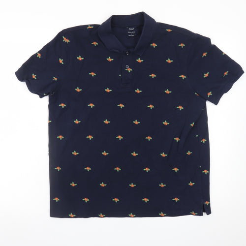 Marks and Spencer Men's Blue Floral Embroidered Polo Shirt Size L