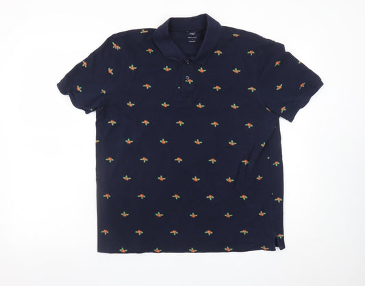 Marks and Spencer Men's Blue Floral Embroidered Polo Shirt Size L