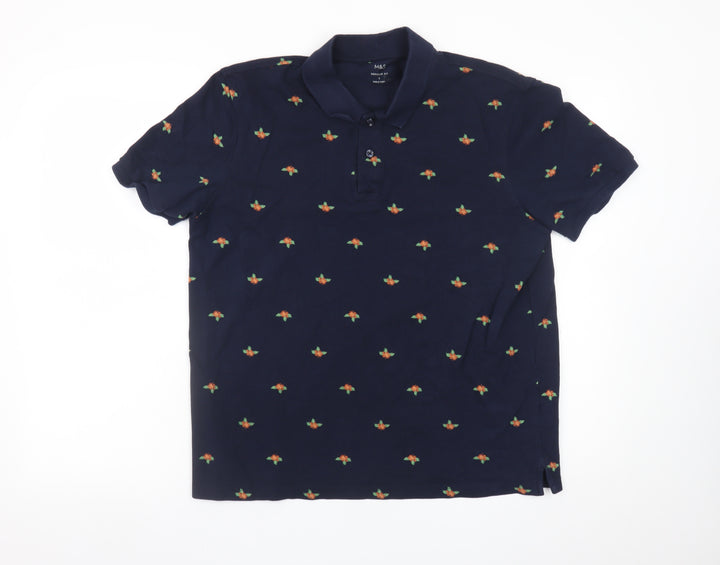 Marks and Spencer Men's Blue Floral Embroidered Polo Shirt Size L