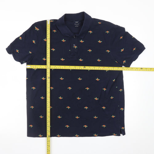 Marks and Spencer Men's Blue Floral Embroidered Polo Shirt Size L