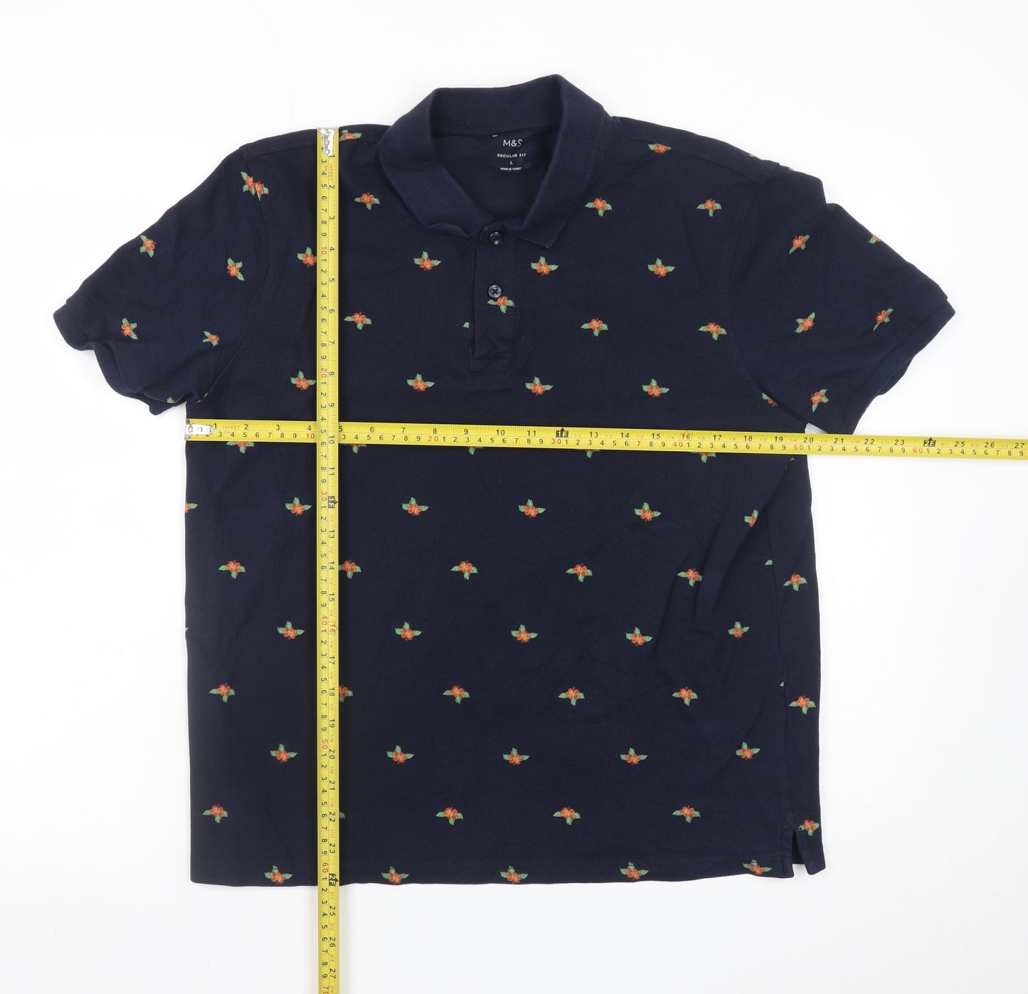 Marks and Spencer Men's Blue Floral Embroidered Polo Shirt Size L