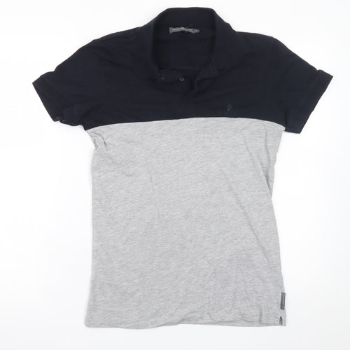 French Connection Men's Grey Navy Colourblock Cotton Polo Shirt M