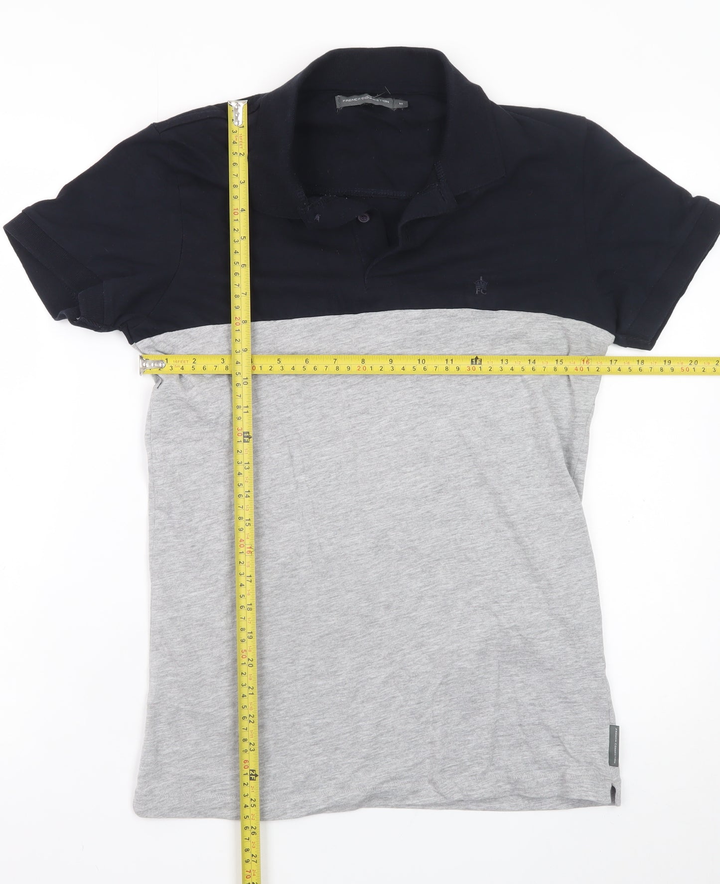 French Connection Men's Grey Navy Colourblock Cotton Polo Shirt M
