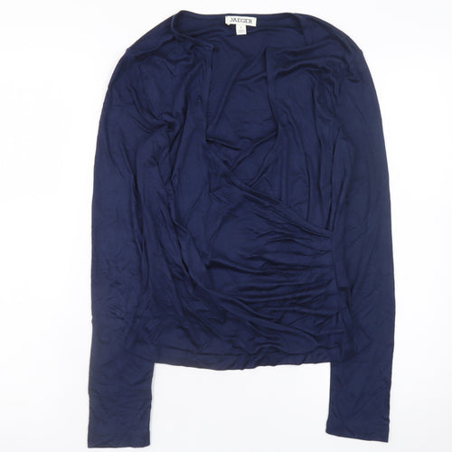 Jaeger Womens Blue Viscose Wrap Blouse Size 8 Long Sleeve