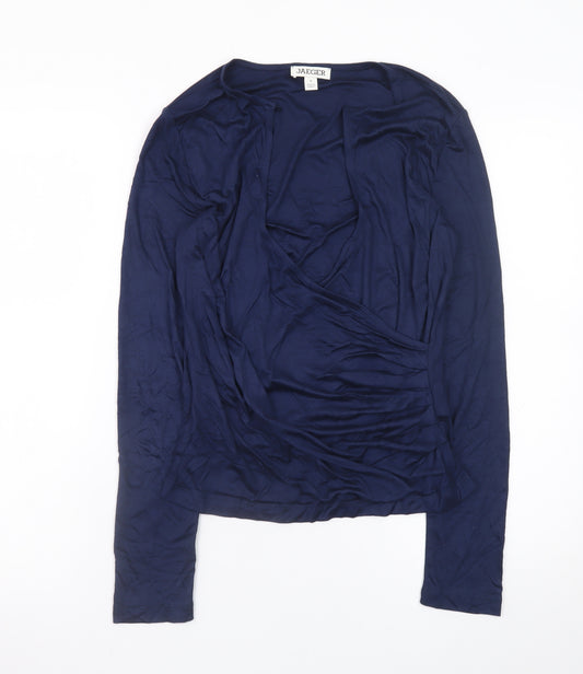 Jaeger Womens Blue Viscose Wrap Blouse Size 8 Long Sleeve