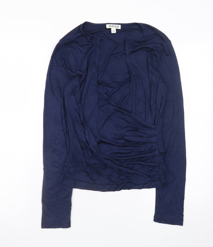 Jaeger Womens Blue Viscose Wrap Blouse Size 8 Long Sleeve