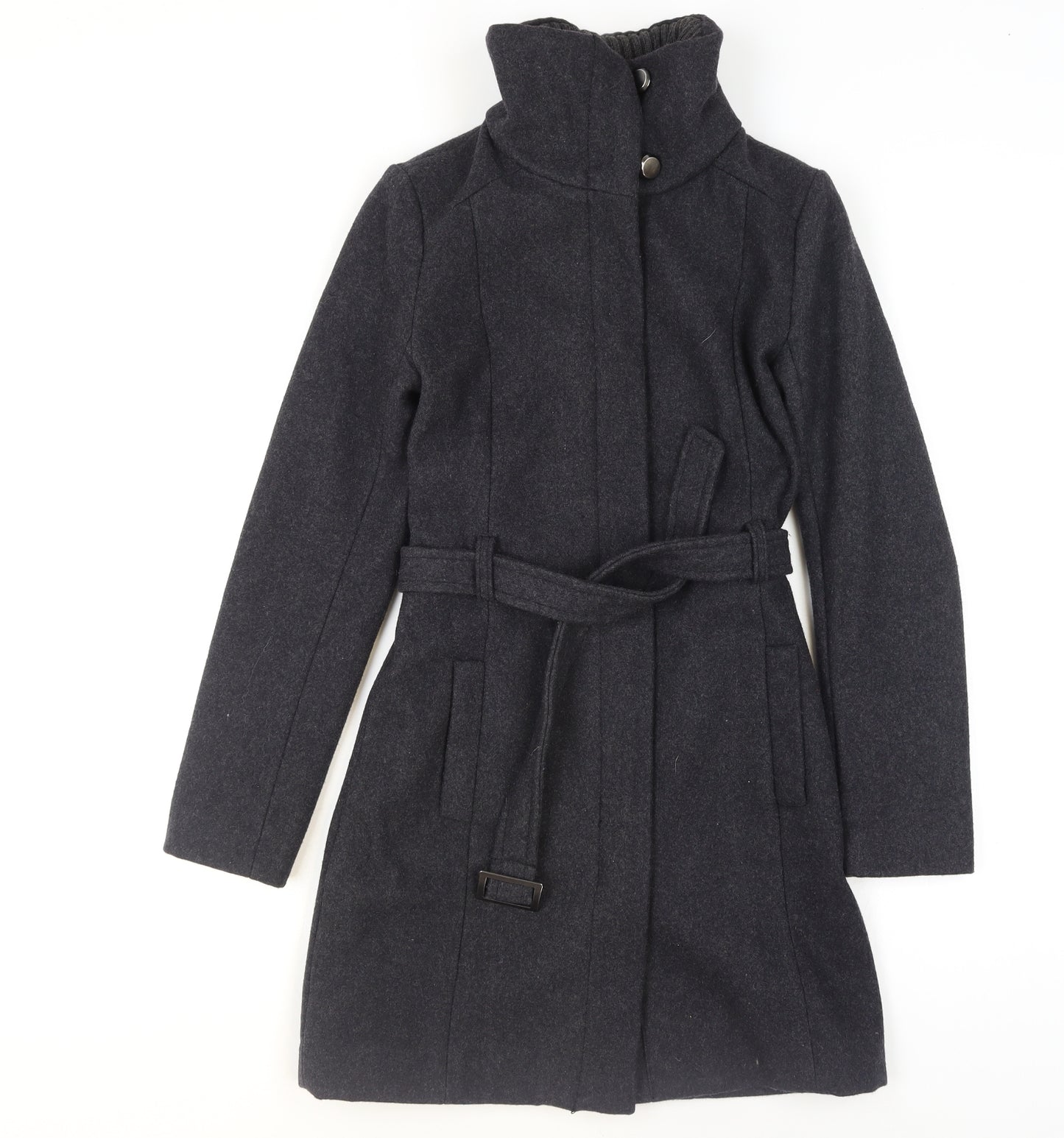 Mango Women Black Wool Blend Belted Overcoat XS