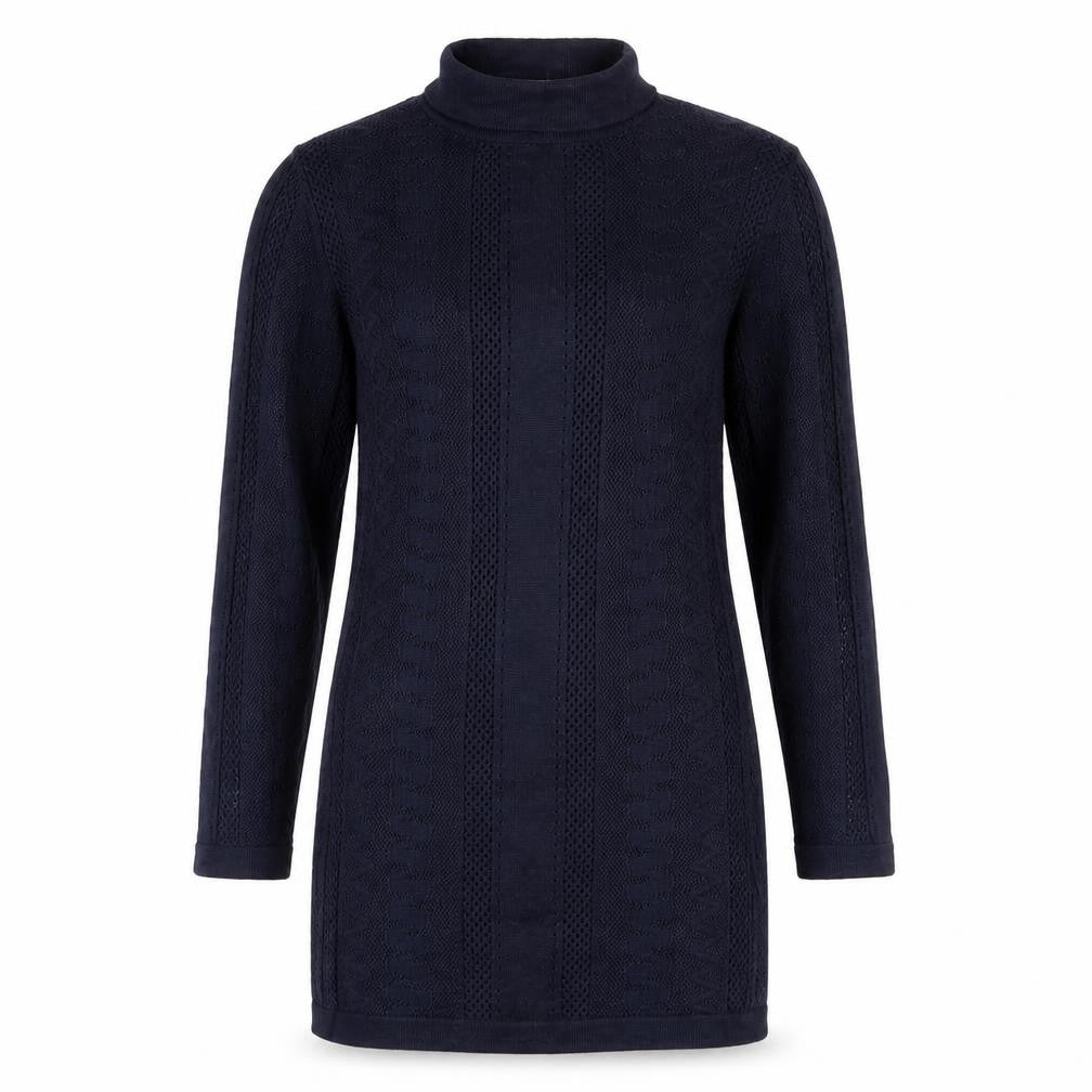 Front view of Warehouse Women’s Blue Roll Neck Tunic Jumper, size UK 6