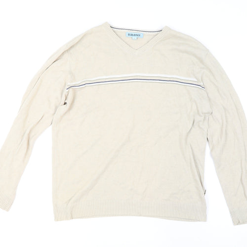 Baleno Men's Beige Cotton V-Neck Striped Jumper L Classic Knit