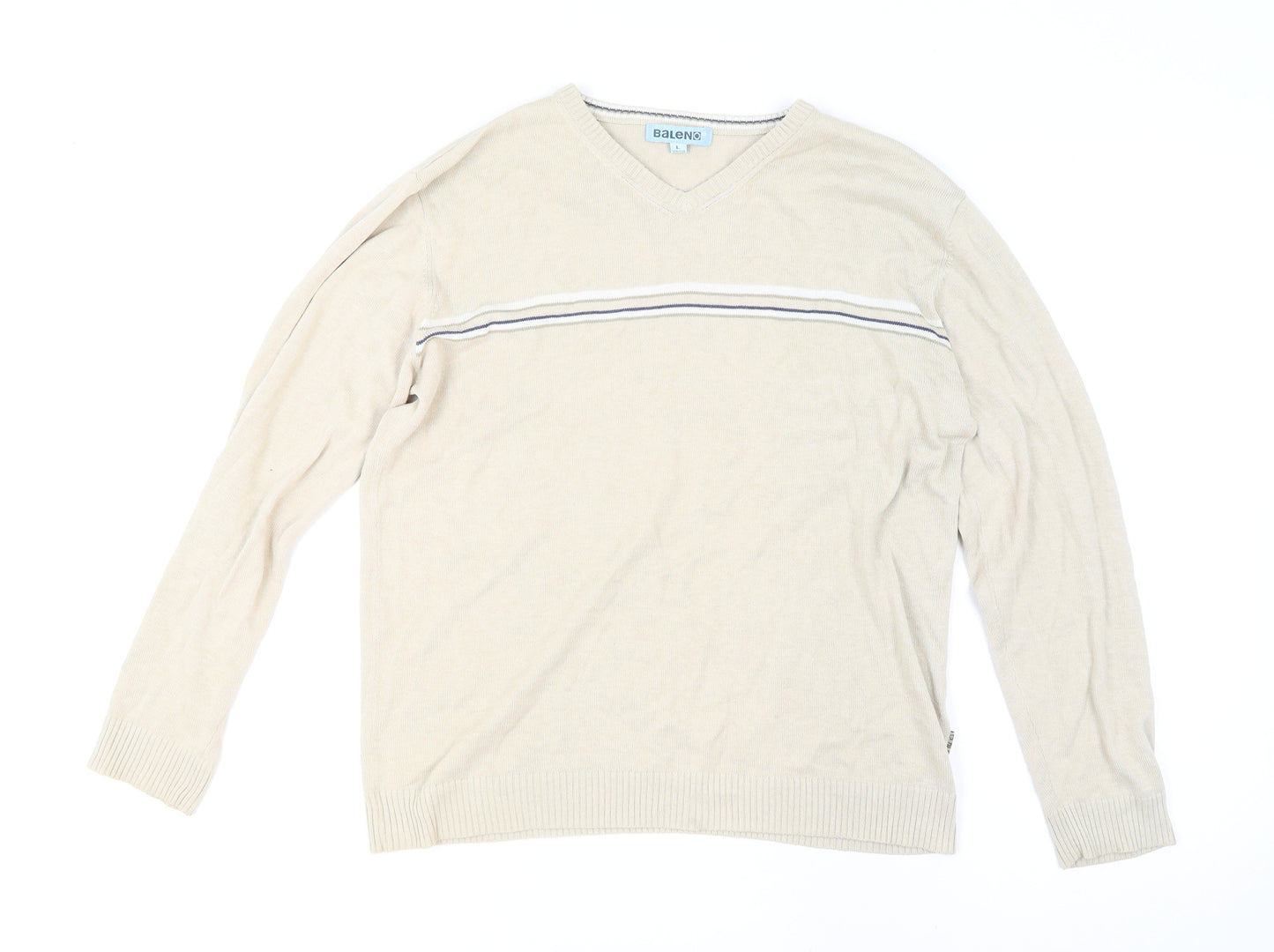 Baleno Men's Beige Cotton V-Neck Striped Jumper L Classic Knit