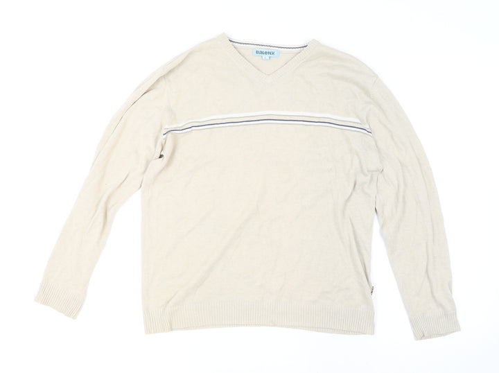 Baleno Men's Beige Cotton V-Neck Striped Jumper L Classic Knit