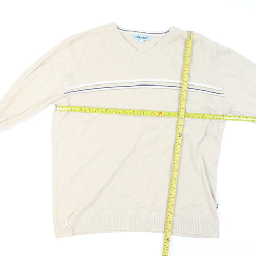 Baleno Men's Beige Cotton V-Neck Striped Jumper L Classic Knit