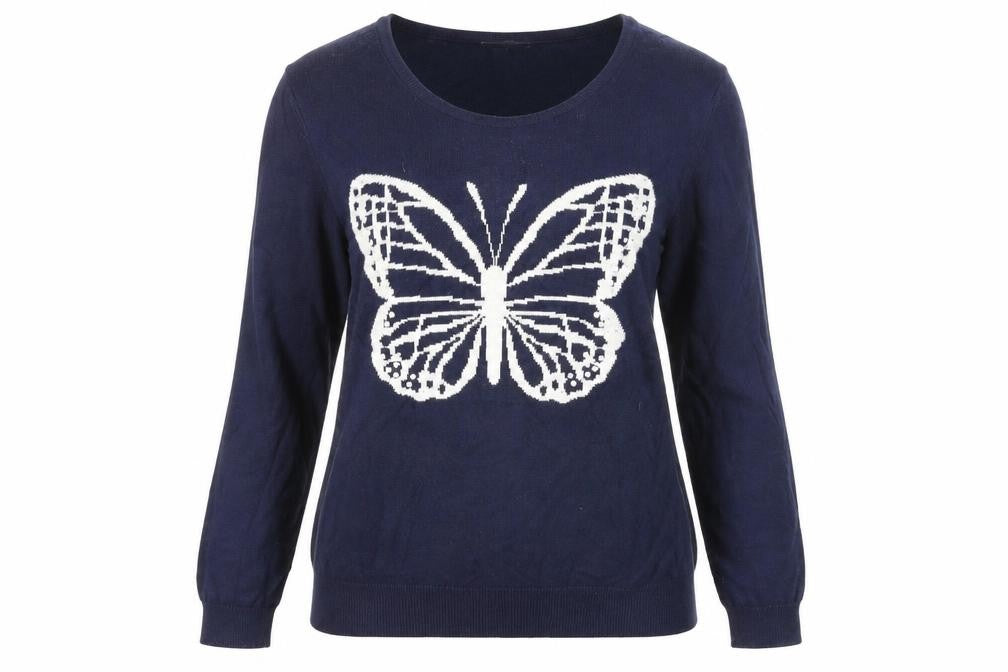 Front view of BHS Women's Blue Butterfly Cotton Long Sleeve jumper, size 14