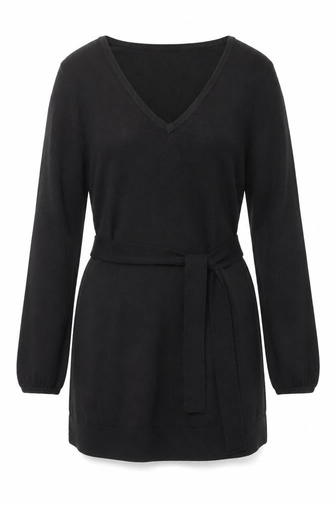 Front view of Marks & Spencer Women's Black, size 8, Knit Belted Wrap Dress