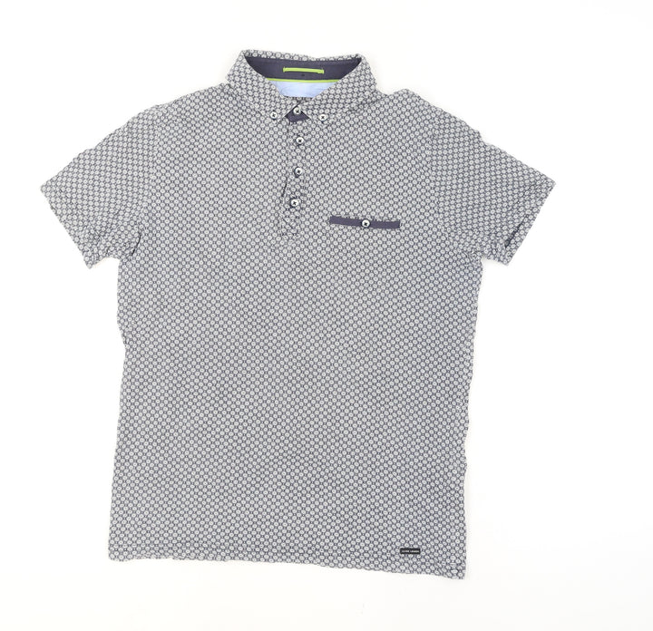 Guide London Men's Blue Geometric Button-Up Short Sleeve Shirt M