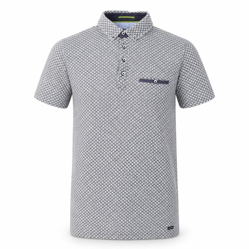 Front view of Guide London Men's Blue Geometric Button-Up Short Sleeve Shirt M