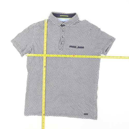 Guide London Men's Blue Geometric Button-Up Short Sleeve Shirt M