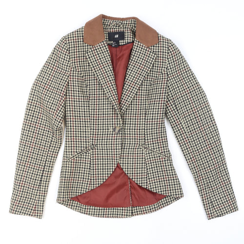 H&M Women Beige Houndstooth Wool Blend Blazer Jacket Size 4