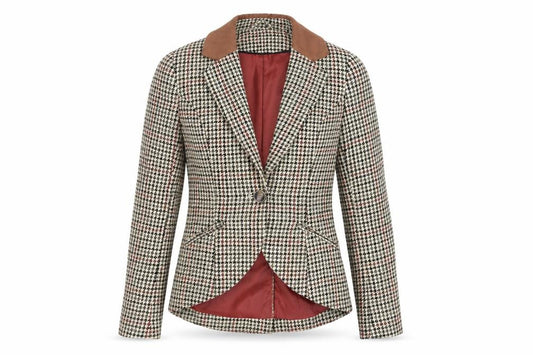 Front view of H&M Women Beige Houndstooth Wool Blend Blazer Jacket, size 4