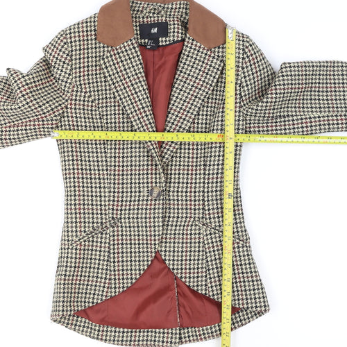 H&M Women Beige Houndstooth Wool Blend Blazer Jacket Size 4