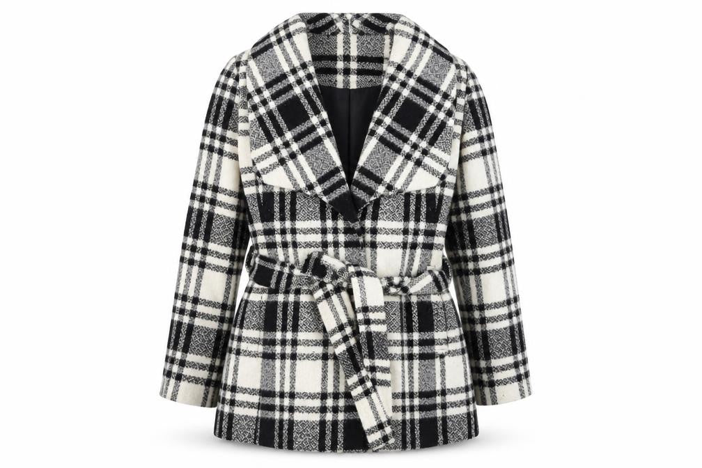 Front view of Marks & Spencer Per Una Women's Black Check Belted Coat, size 16