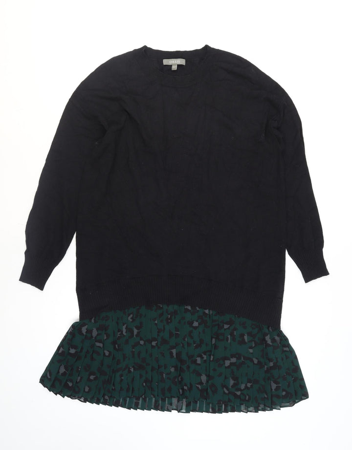 Oasis Women Black Long Sleeve Tunic Jumper L Pleated Hem