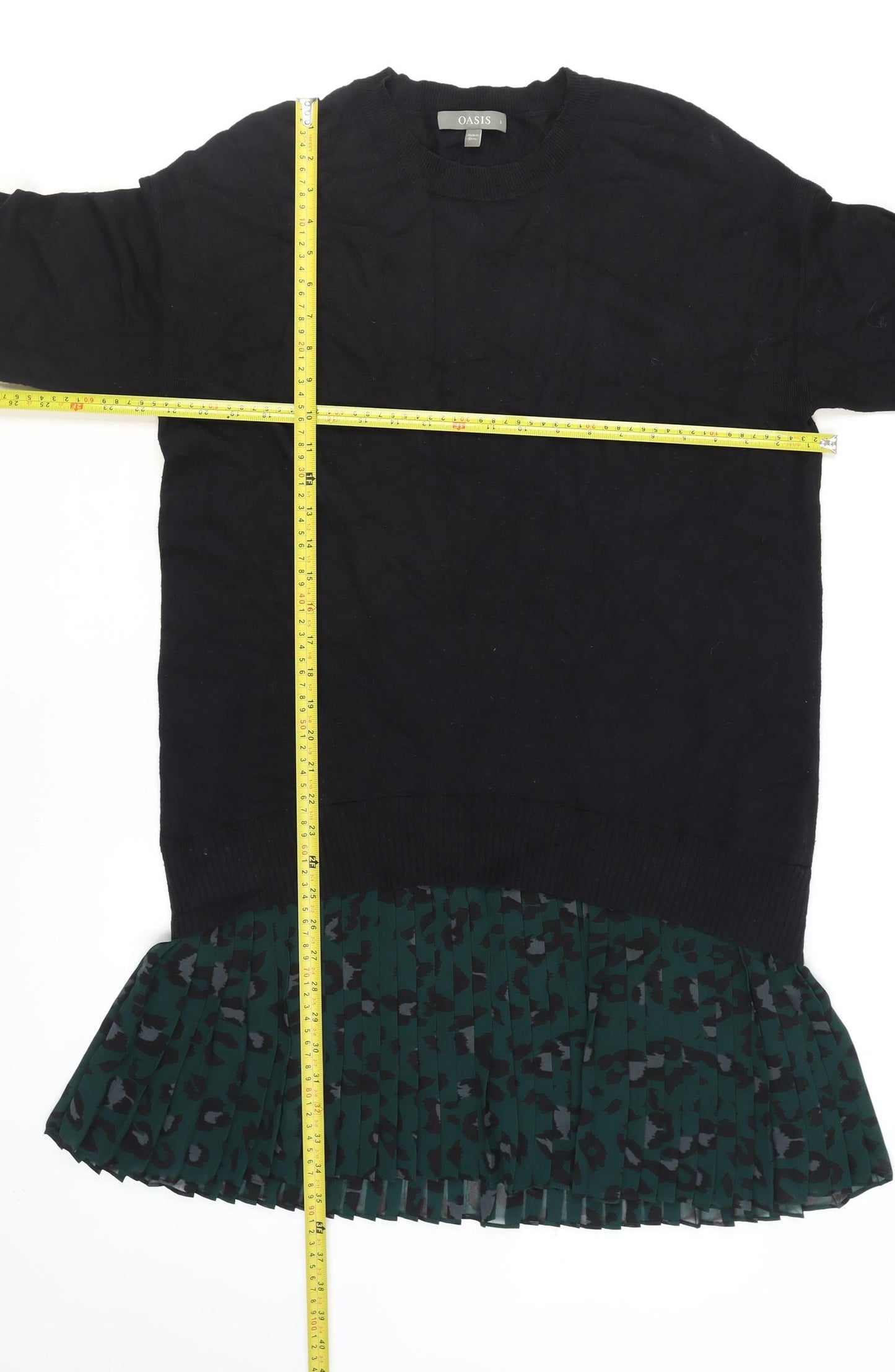 Oasis Women Black Long Sleeve Tunic Jumper L Pleated Hem