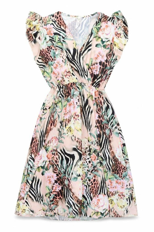 Front view of Stella Morgan Women’s Multicoloured Floral Animal Print Midi Wrap Dress S