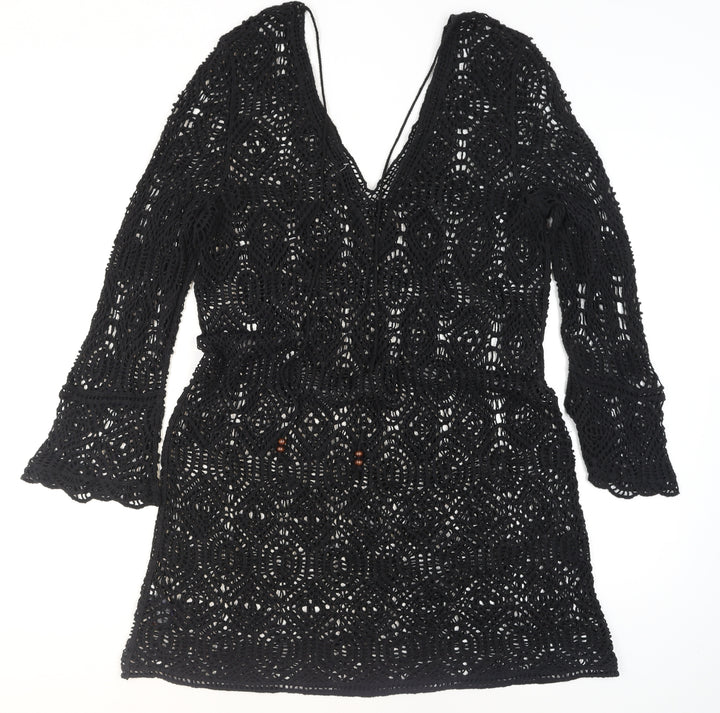 Next Women’s Black Crochet Cotton Tunic XL Long Sleeve V-Neck