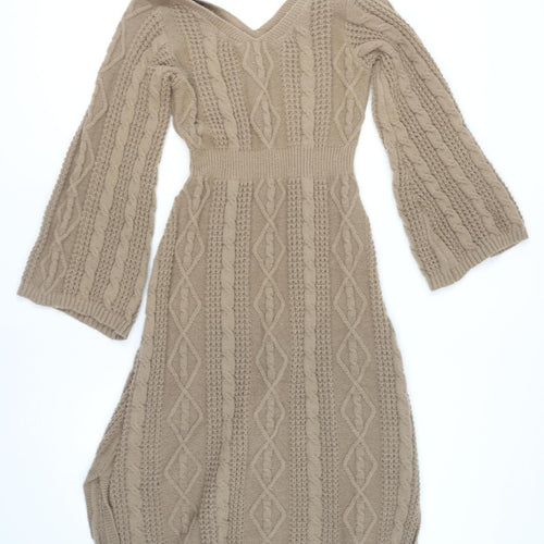 Mix Women Beige Knit Jumper Dress L V-Neck Long Sleeve
