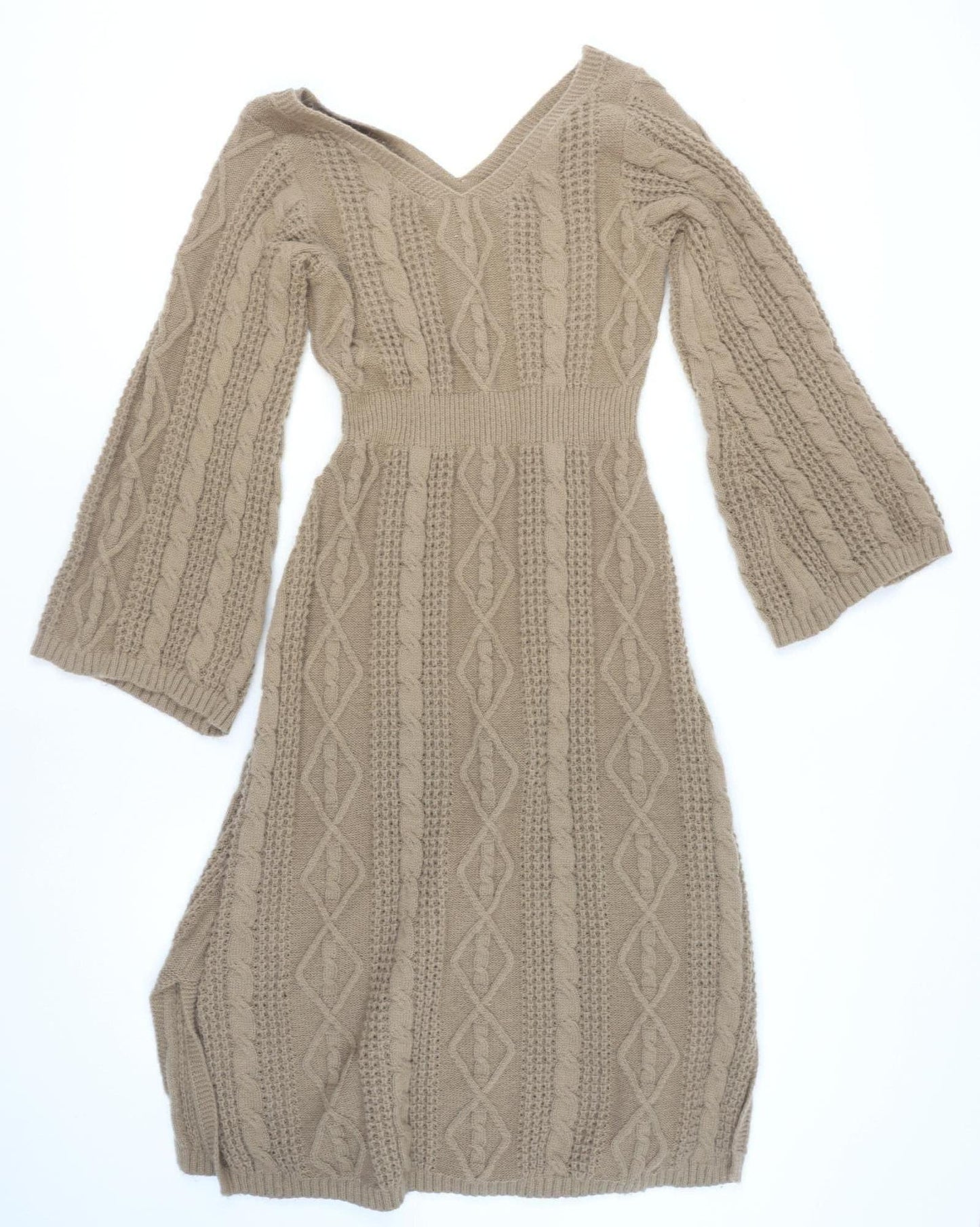 Mix Women Beige Knit Jumper Dress L V-Neck Long Sleeve