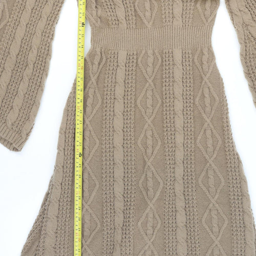 Mix Women Beige Knit Jumper Dress L V-Neck Long Sleeve