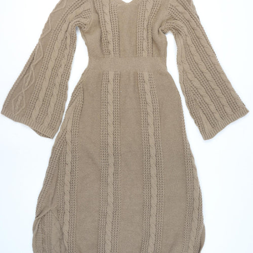Mix Women Beige Knit Jumper Dress L V-Neck Long Sleeve