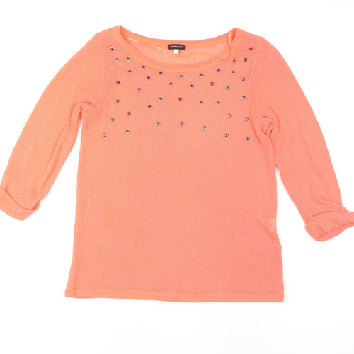 River Island Women's Orange Studded Knit 3/4 Sleeve T-Shirt Size 8