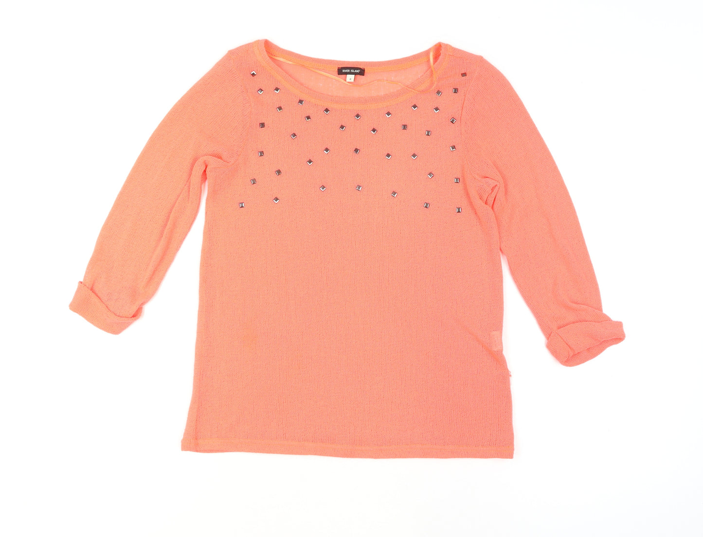 River Island Women's Orange Studded Knit 3/4 Sleeve T-Shirt Size 8