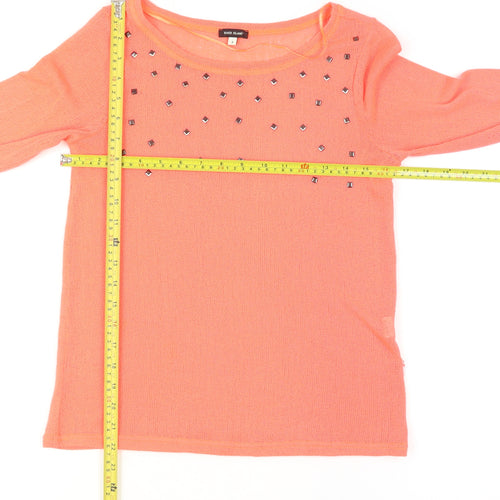 River Island Women's Orange Studded Knit 3/4 Sleeve T-Shirt Size 8