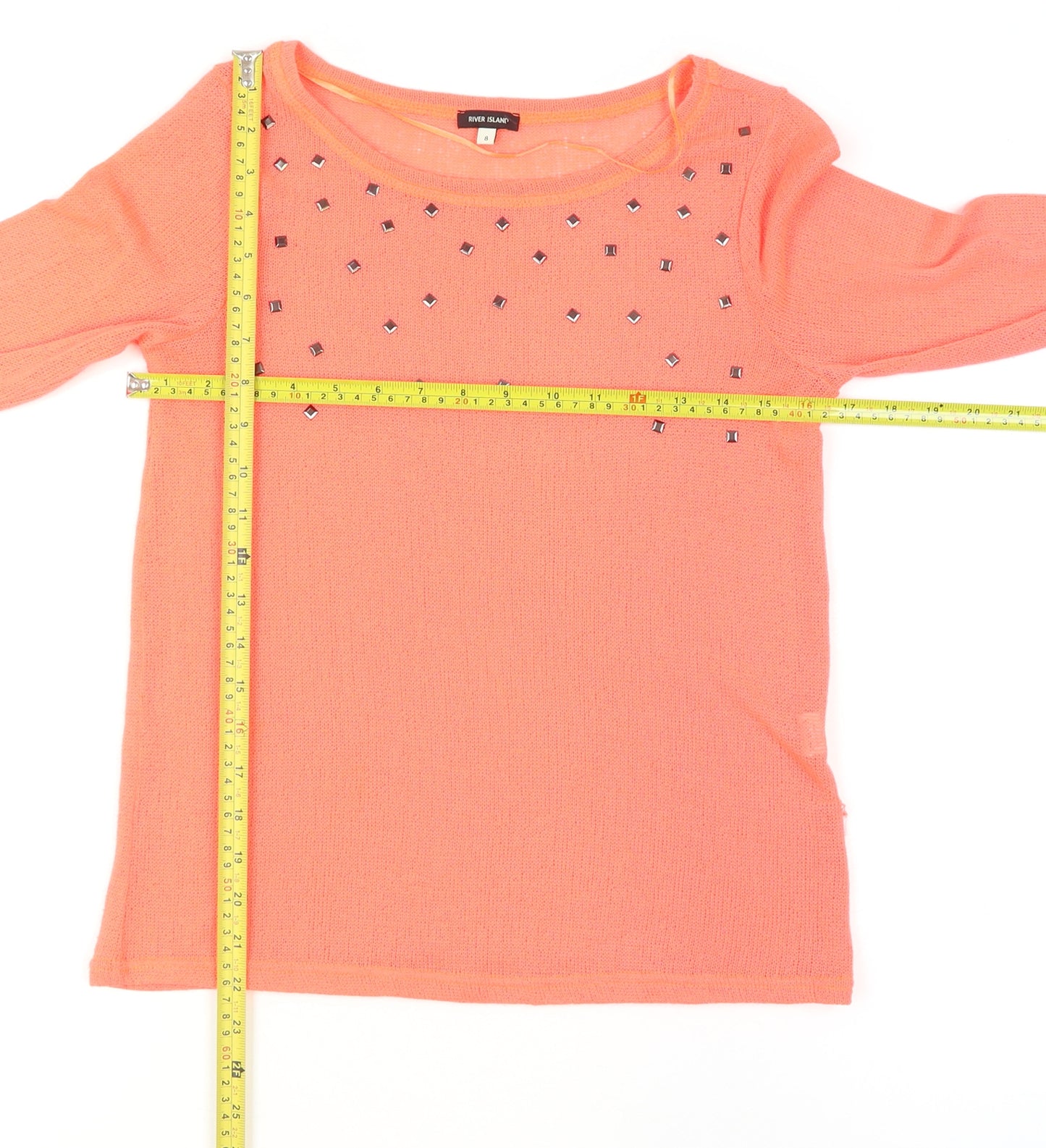 River Island Women's Orange Studded Knit 3/4 Sleeve T-Shirt Size 8