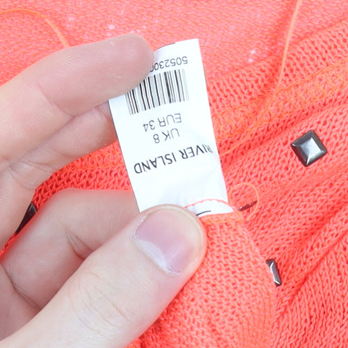 River Island Women's Orange Studded Knit 3/4 Sleeve T-Shirt Size 8
